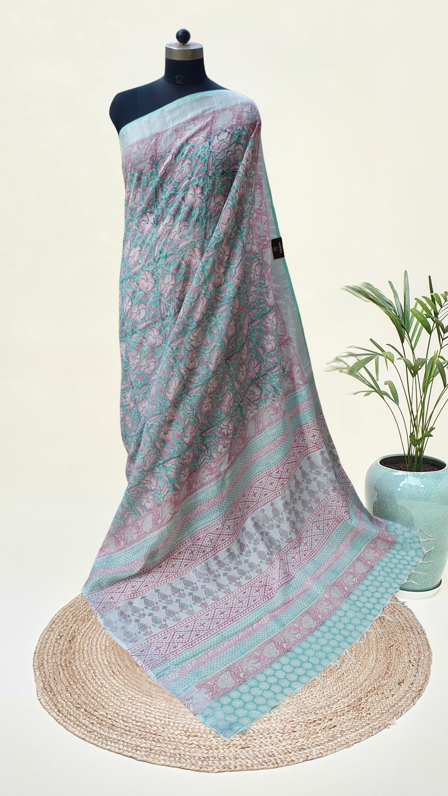 Sea Green & Pink HBP Linen Saree LNHB-0007