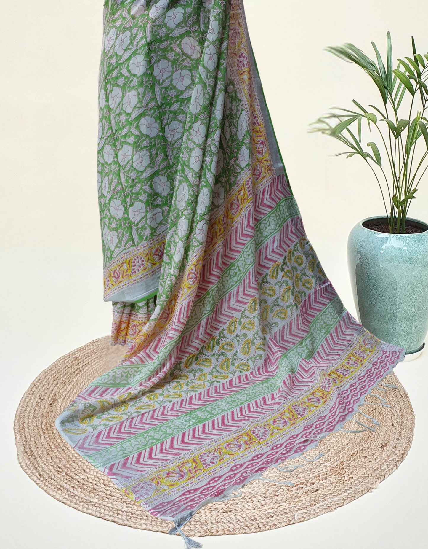 Parrot Green & Yellow HBP Linen Saree LNHB-0004