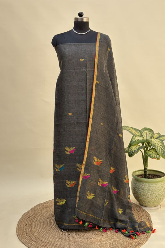 Charcoal Grey Linen Jamdani Suit | JDL-AN8201