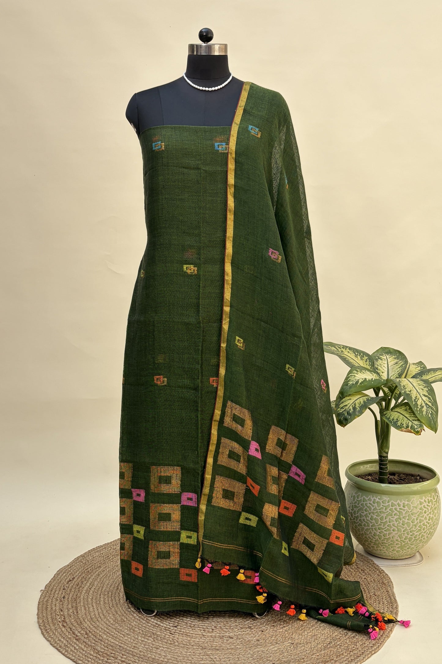 Forest Green Linen Jamdani Suit | JDL-AN8203