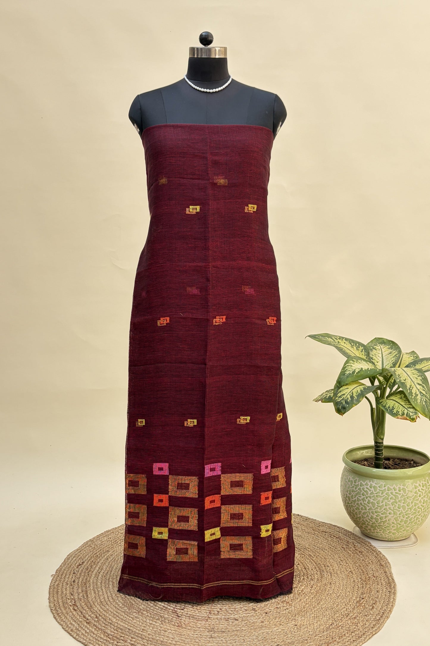 Deep Burgundy Linen Jamdani Suit | JDL-AN8206