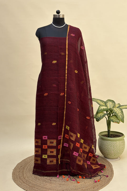Deep Burgundy Linen Jamdani Suit | JDL-AN8206