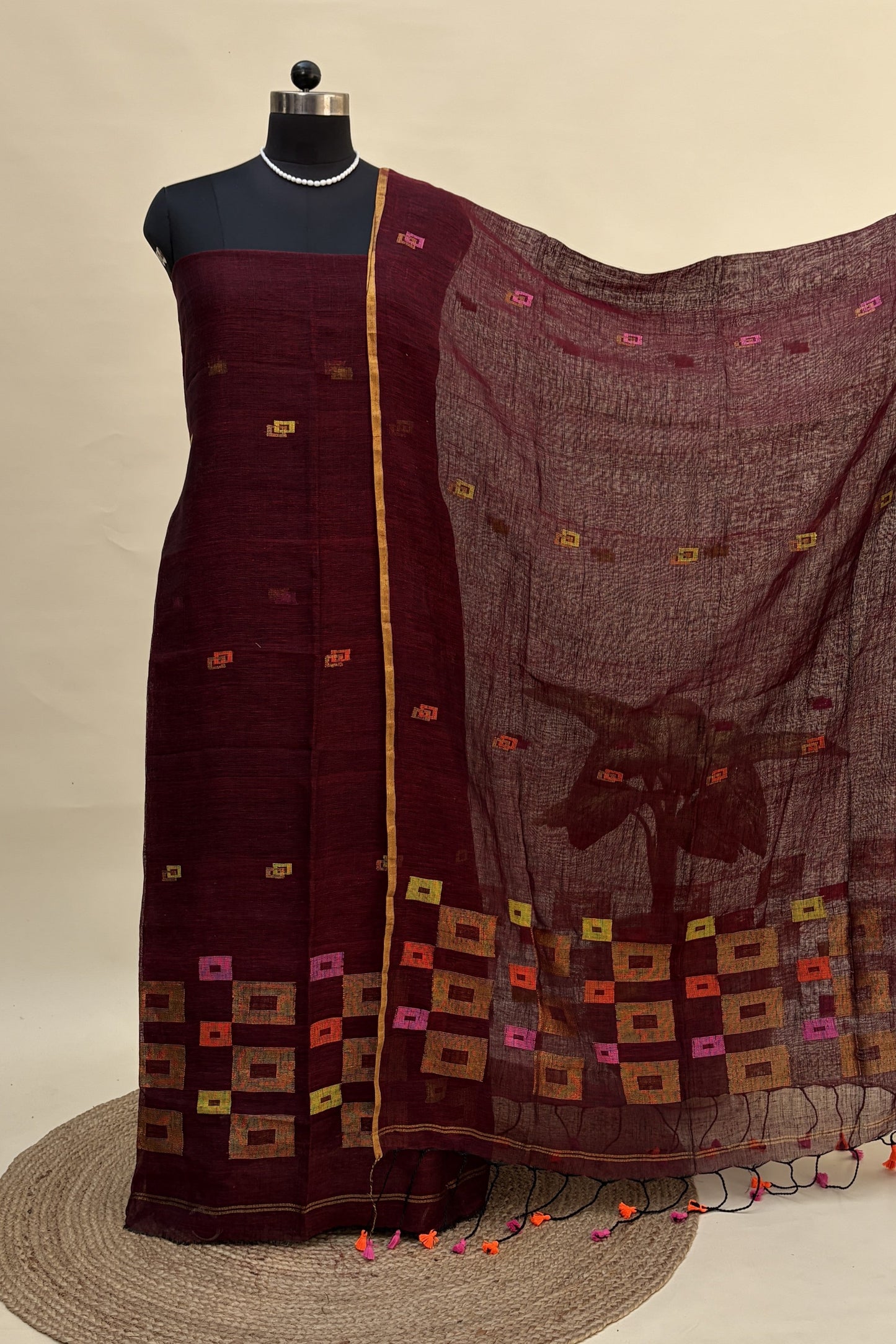 Deep Burgundy Linen Jamdani Suit | JDL-AN8206