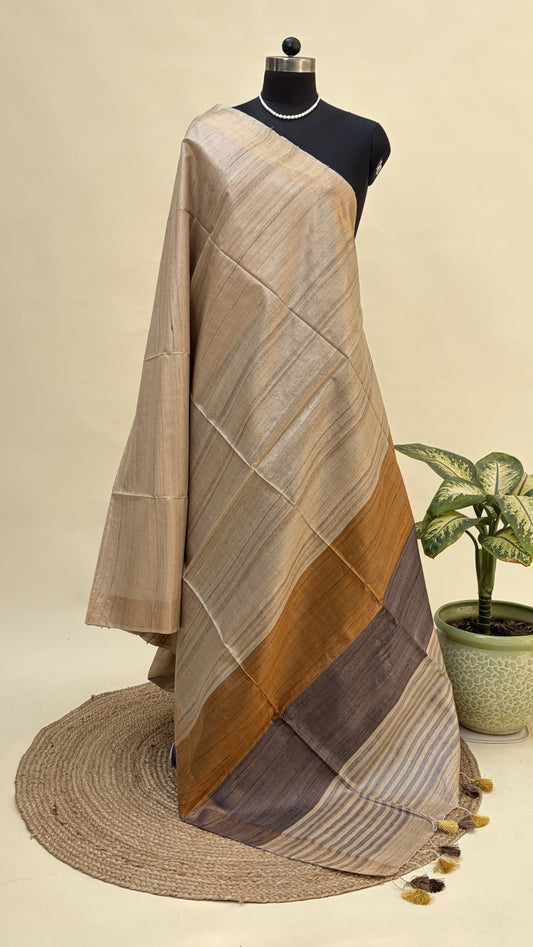 Natural Tussar Silk Saree with Mustard & Grey Border