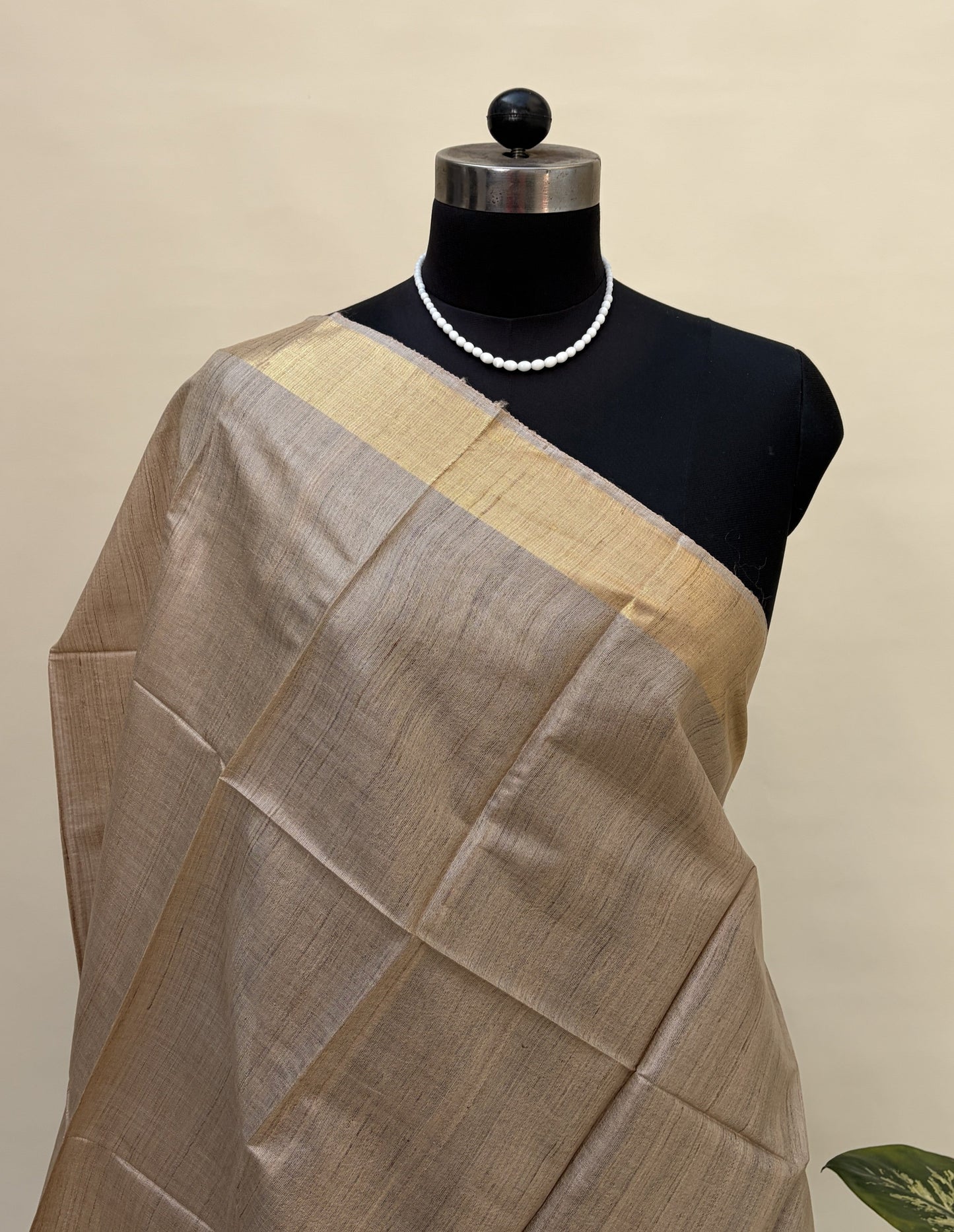 Natural Tussar Silk Saree with Mustard & Grey Border