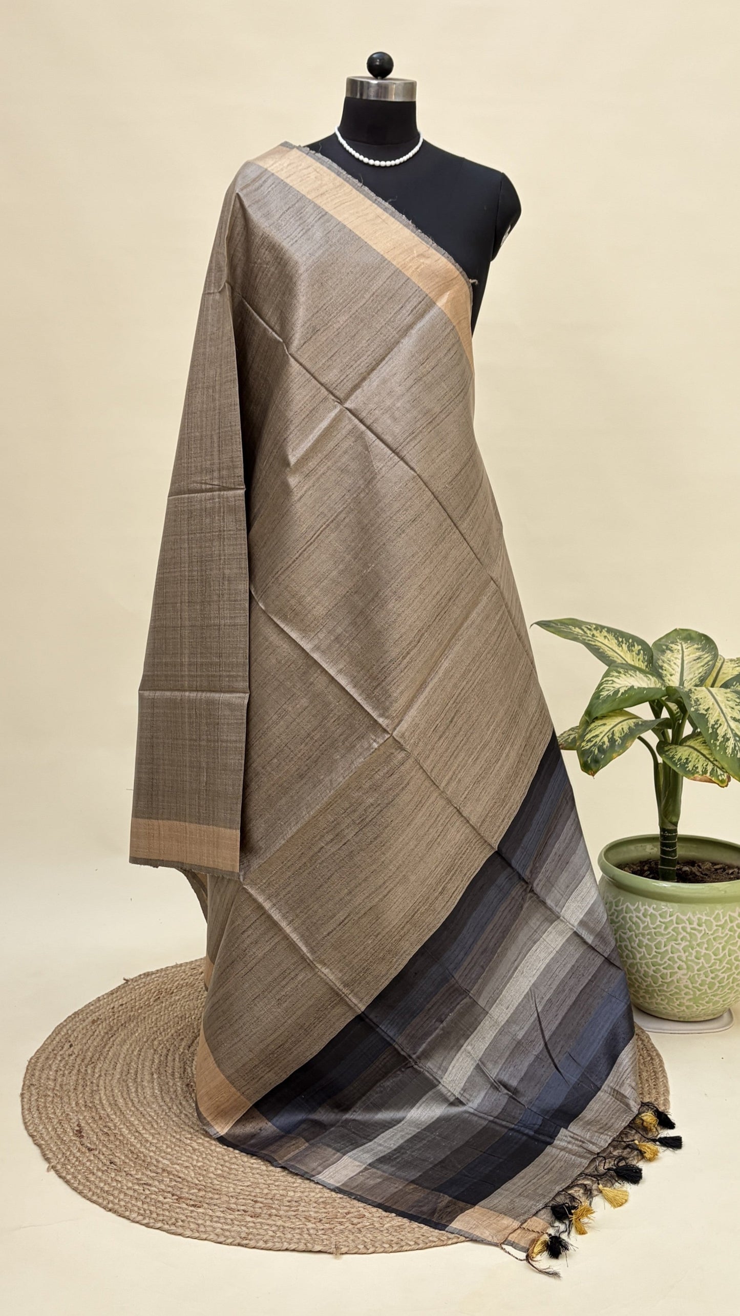 Smoke Grey Tussar Silk Saree with Dark Stripes