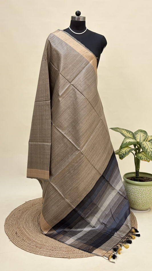 Smoke Grey Tussar Silk Saree with Dark Stripes