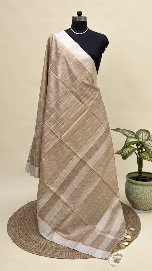 Natural Tussar Silk Saree with Checks & Stripes