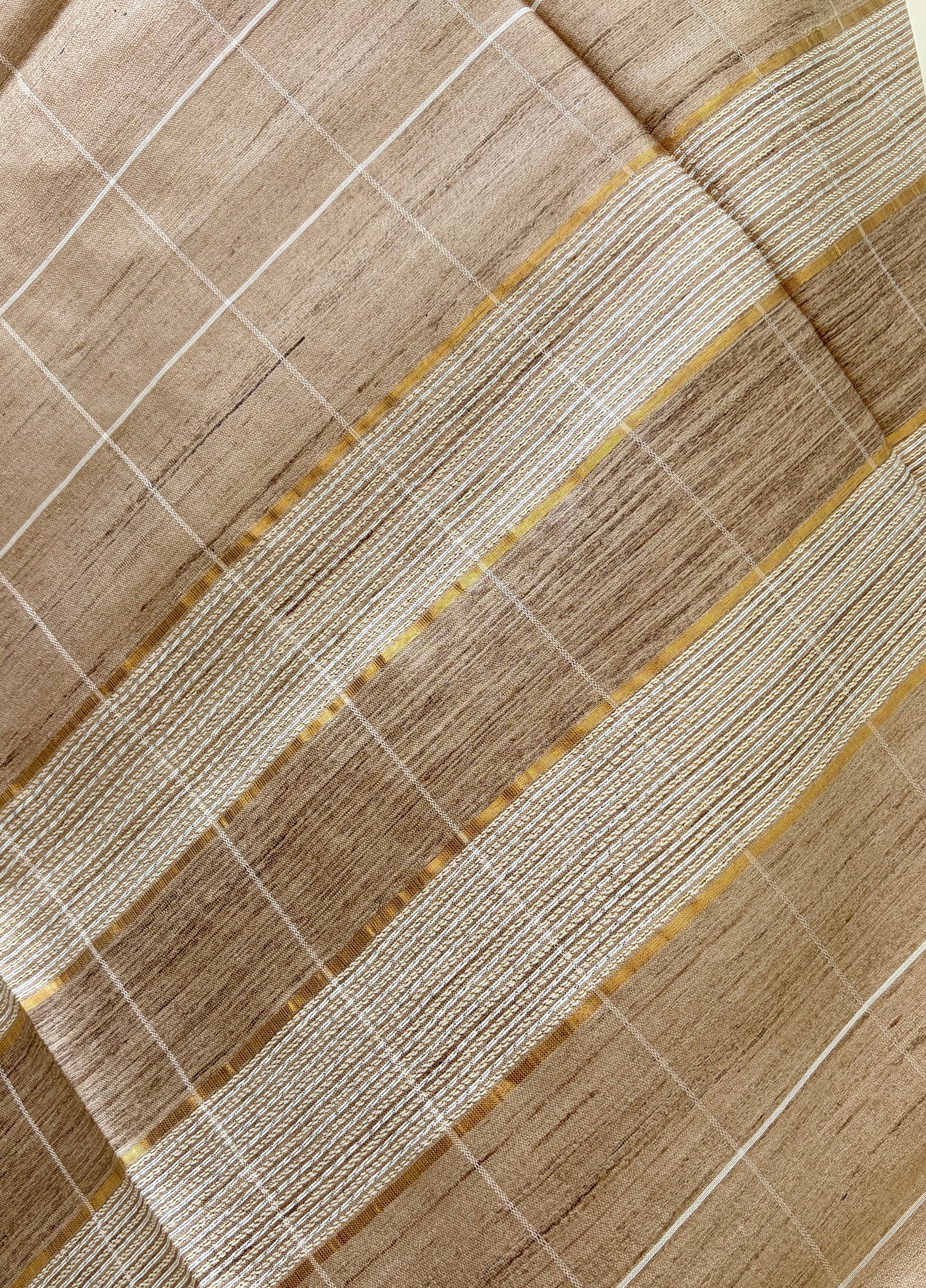 Natural Tussar Silk Saree with Checks & Stripes