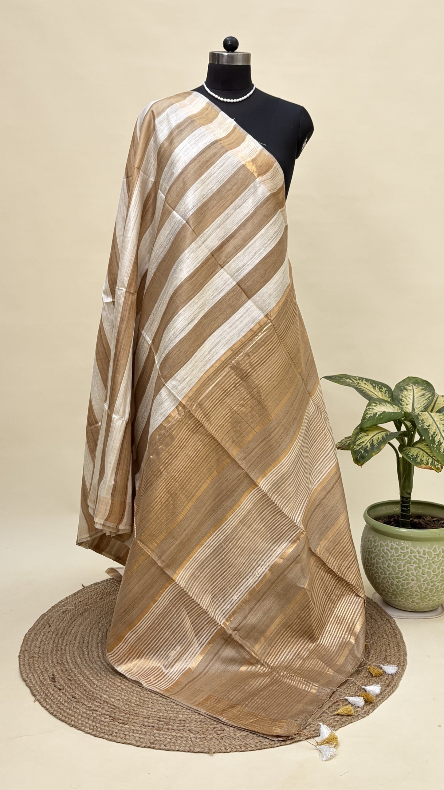 Beige and Ivory Tussar Silk Saree