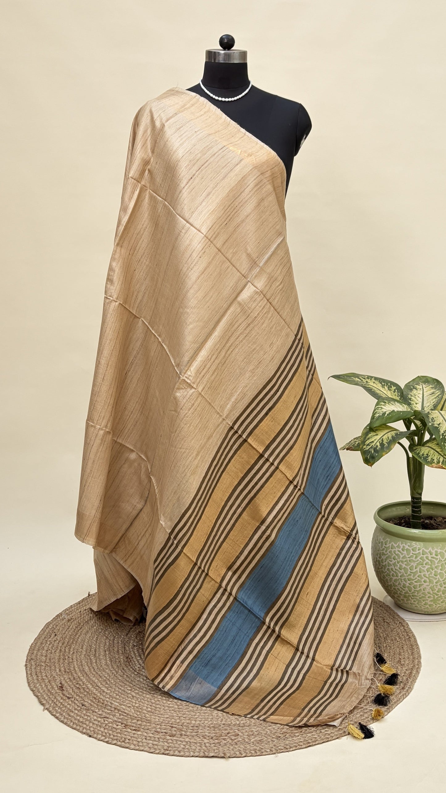 Natural Tussar Silk Saree with Blue Stripe