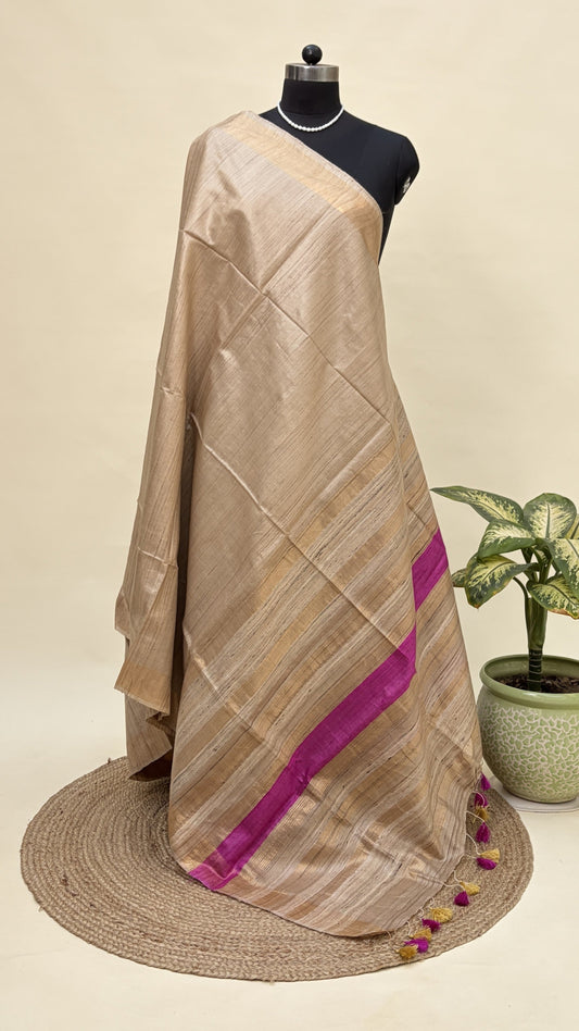 Natural Tussar Silk Saree with Magenta Accent