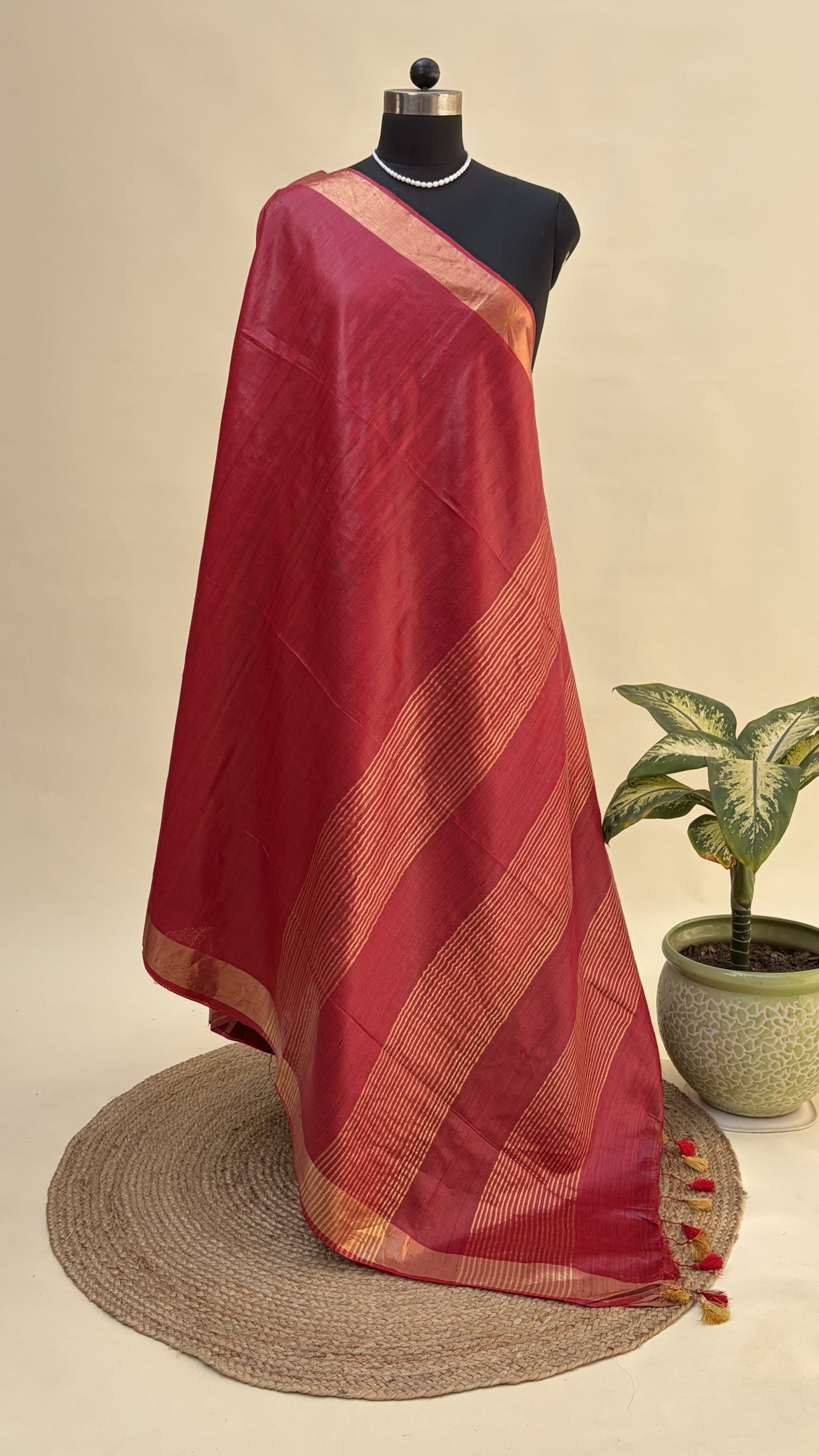 Deep Red Tussar Silk Saree