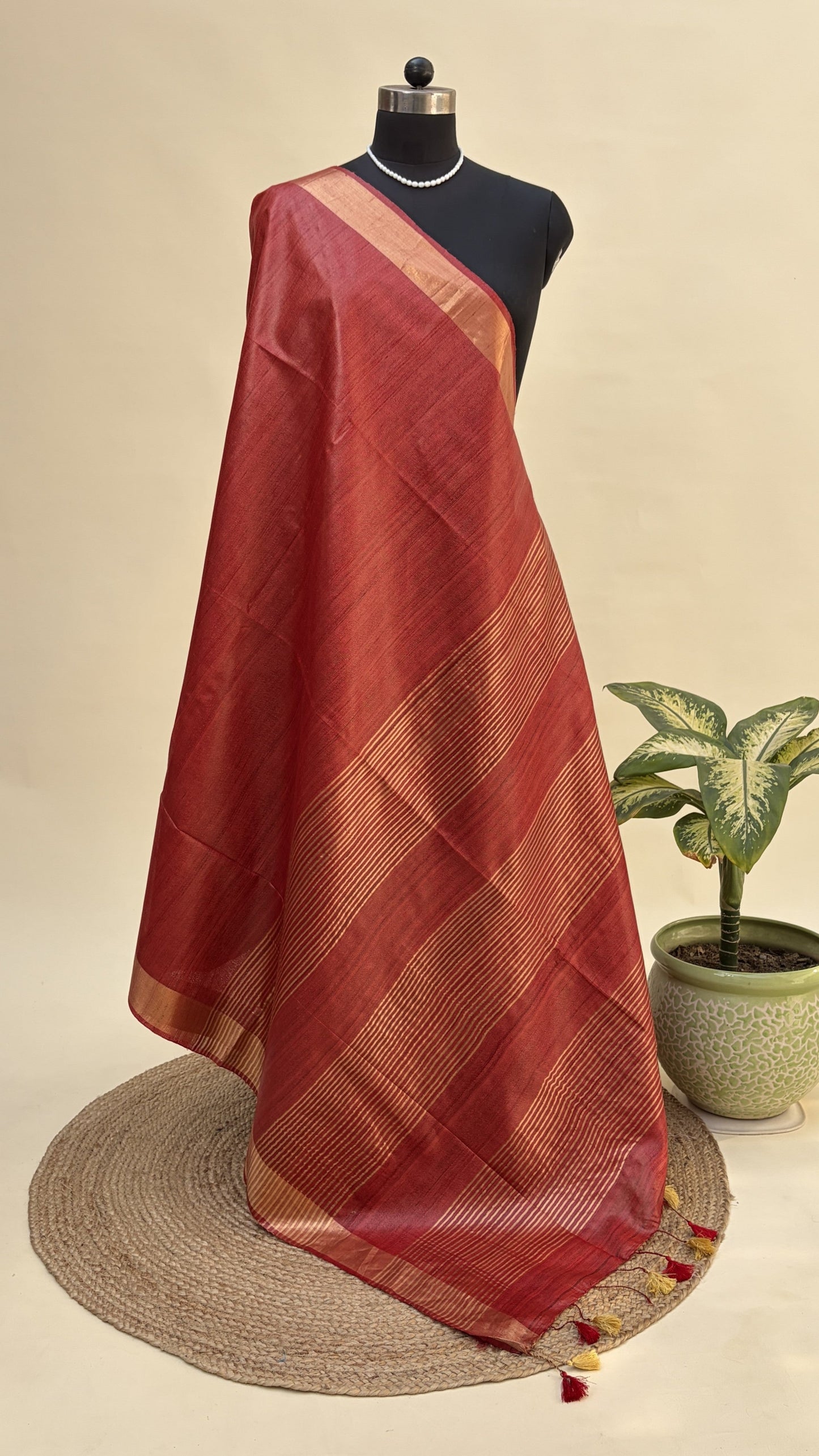 Reddish Orange Tussar Silk Saree