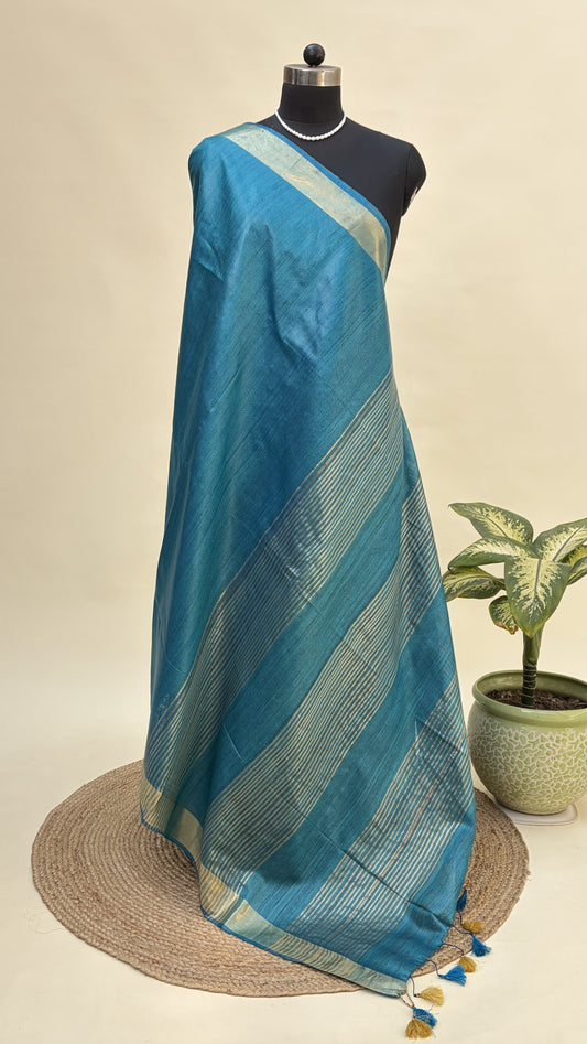 Oceanic Blue Tussar Silk Saree