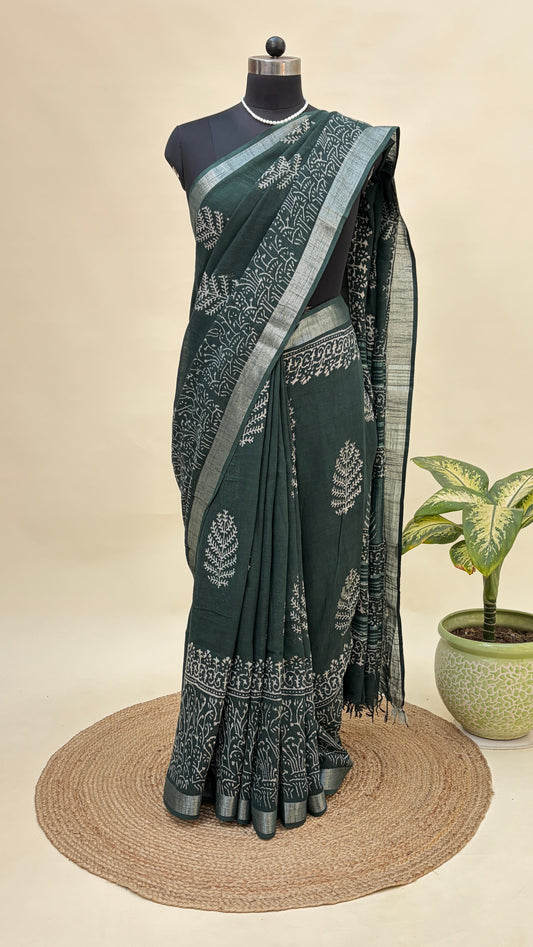 Forrest Green HBP Linen Saree | LNHB-AN8201