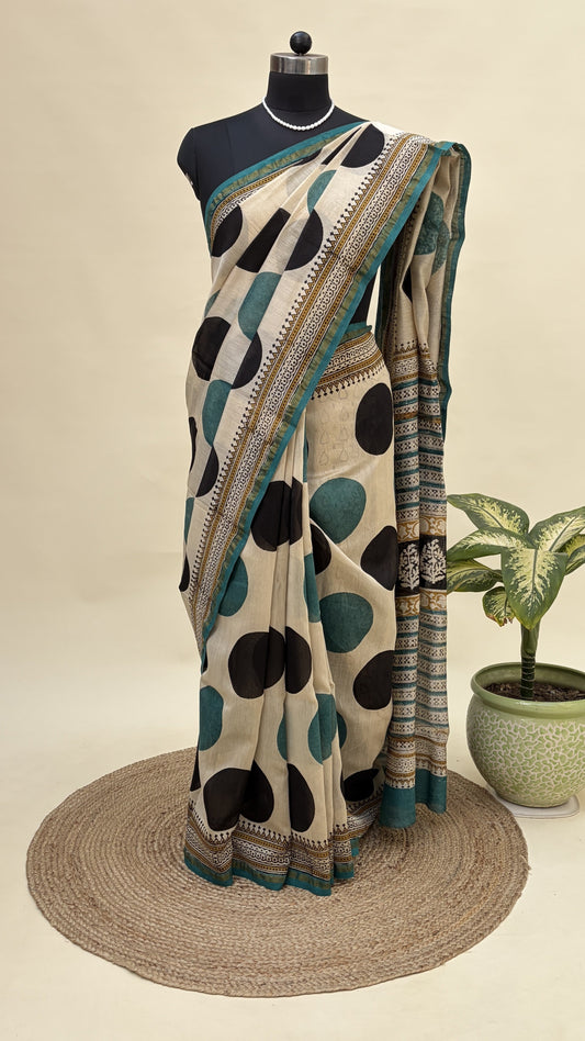 Bold Teal & Black Polka Dot Chanderi Saree