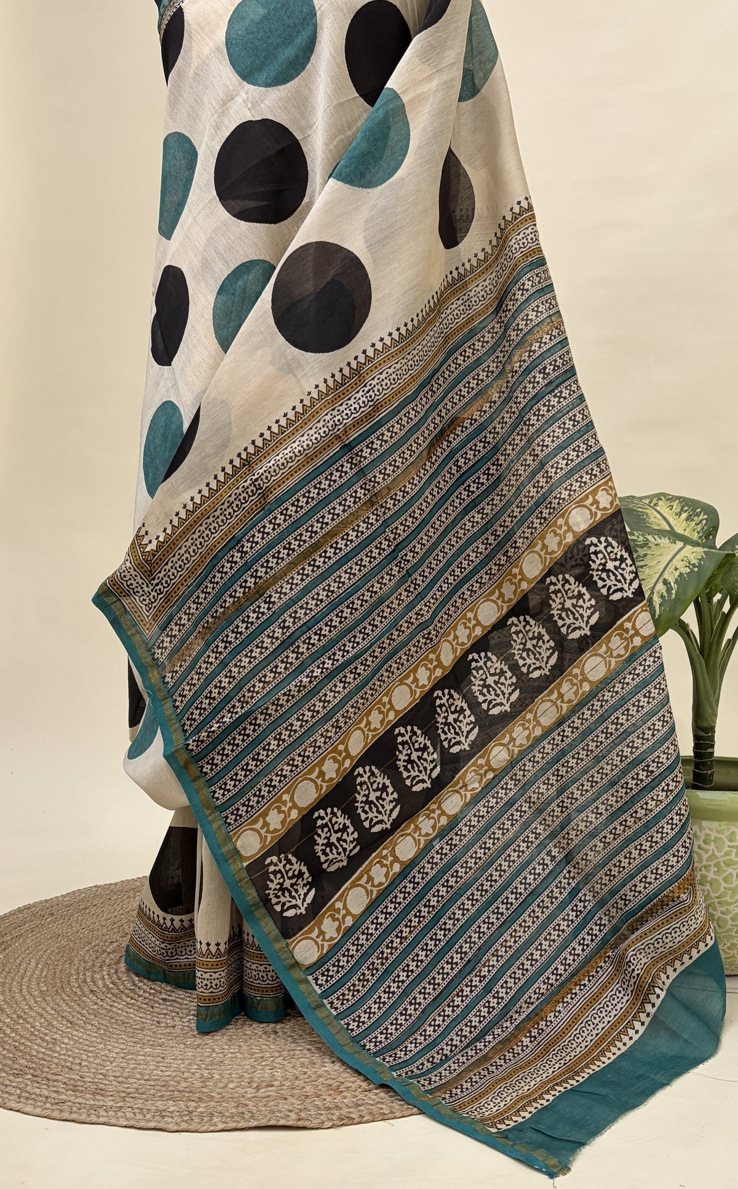 Bold Teal & Black Polka Dot Chanderi Saree