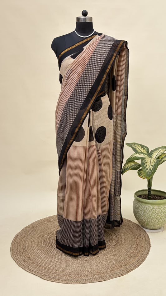 Beige & Black Chanderi Saree
