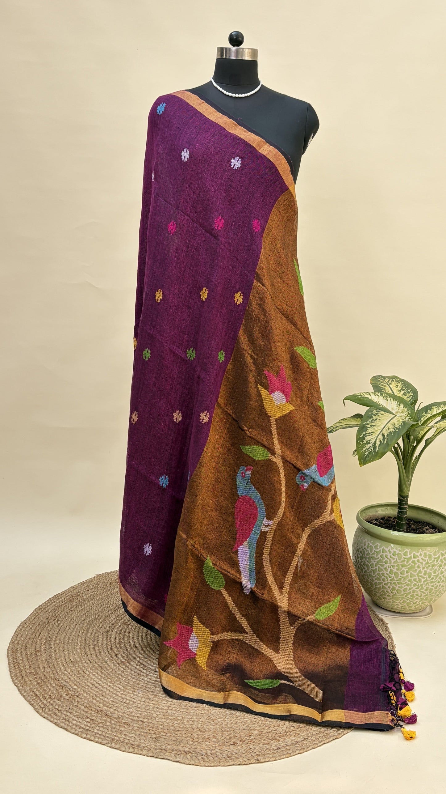 Violet Paithani Pallu Jamdani Saree by Kaashi Handloom
