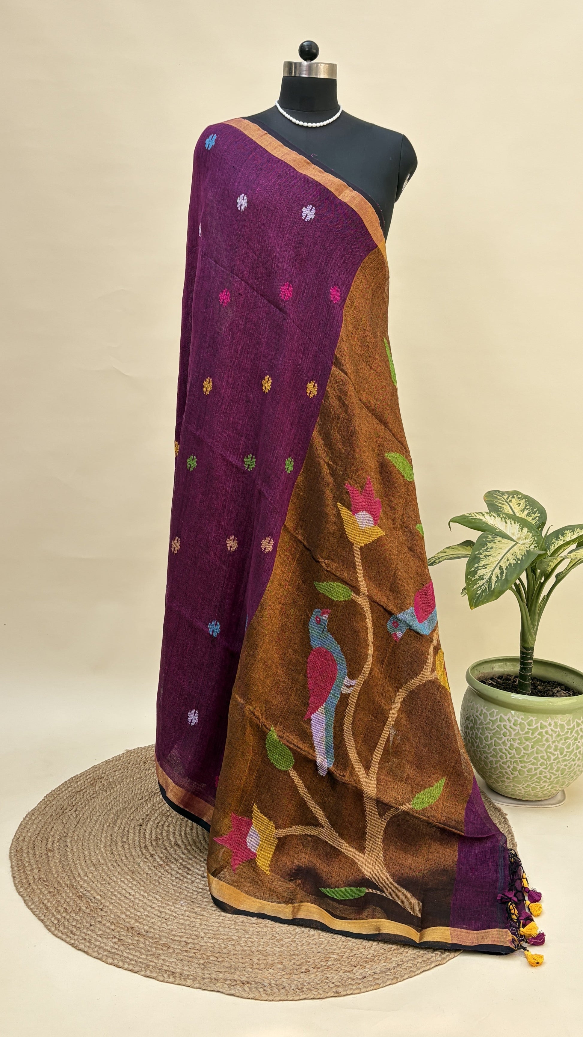 Violet Paithani Pallu Jamdani Saree by Kaashi Handloom