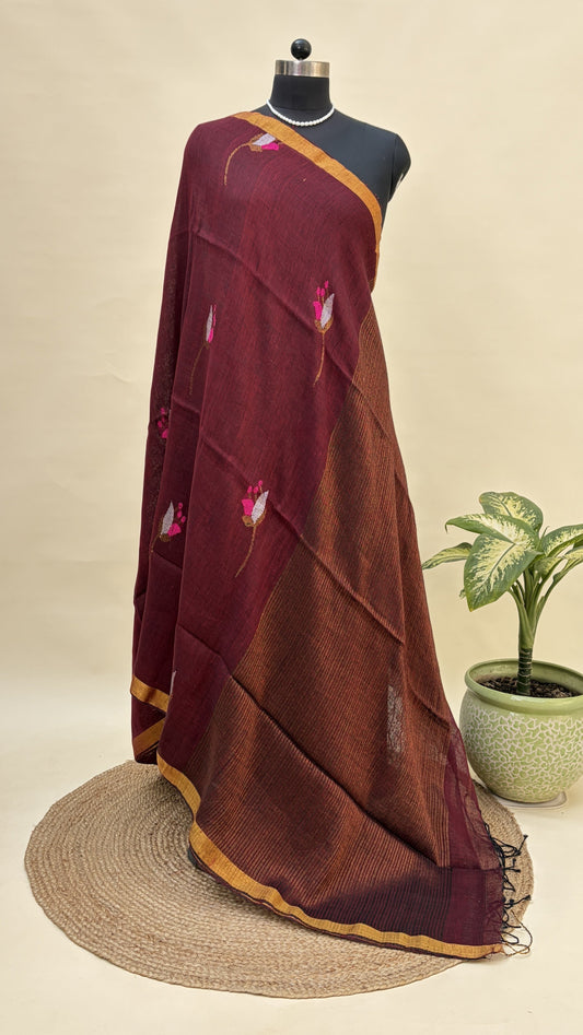 Deep Red Linen Jamdani Saree by Kaashi Handloom