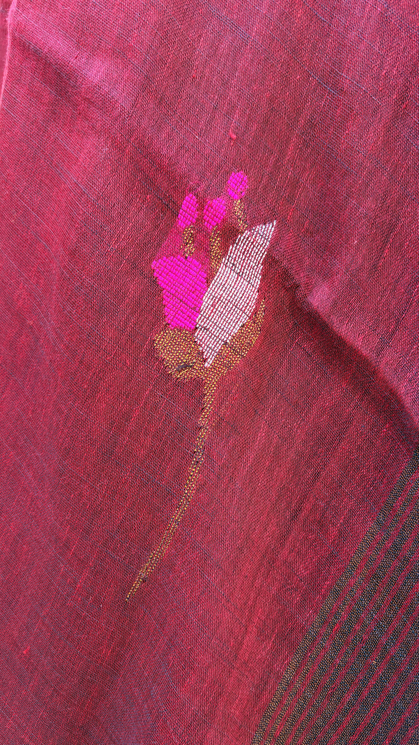Deep Red Linen Jamdani Saree by Kaashi Handloom