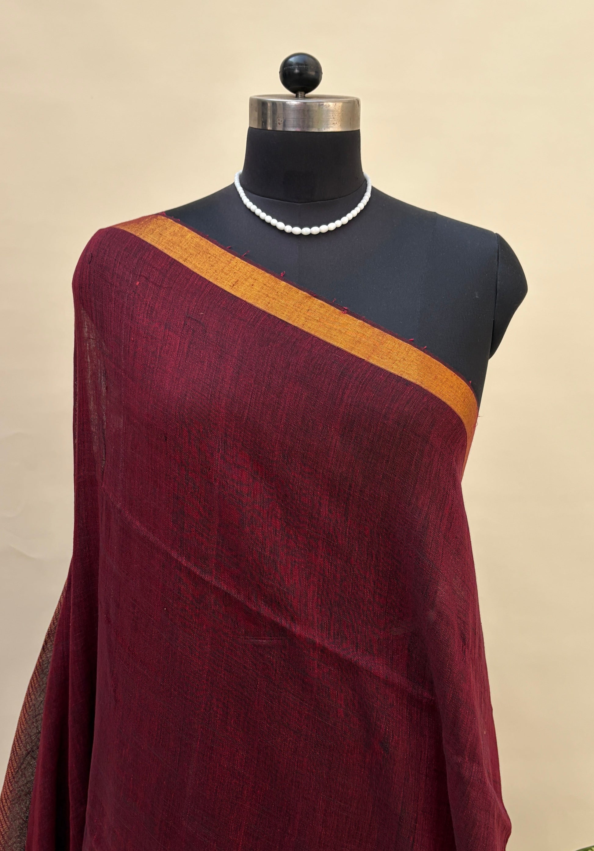 Deep Red Linen Jamdani Saree by Kaashi Handloom