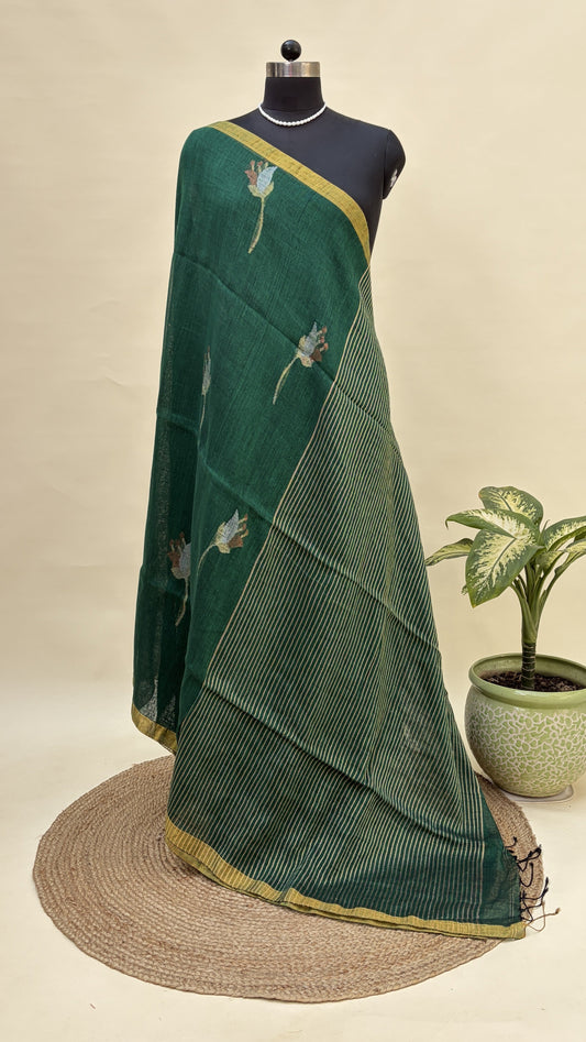 Bottle Green Linen Jamdani Saree by Kaashi Handloom