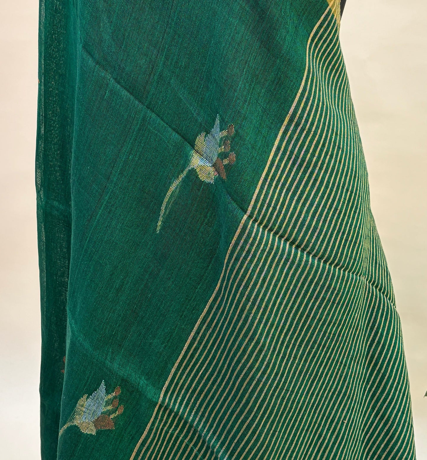Bottle Green Linen Jamdani Saree by Kaashi Handloom