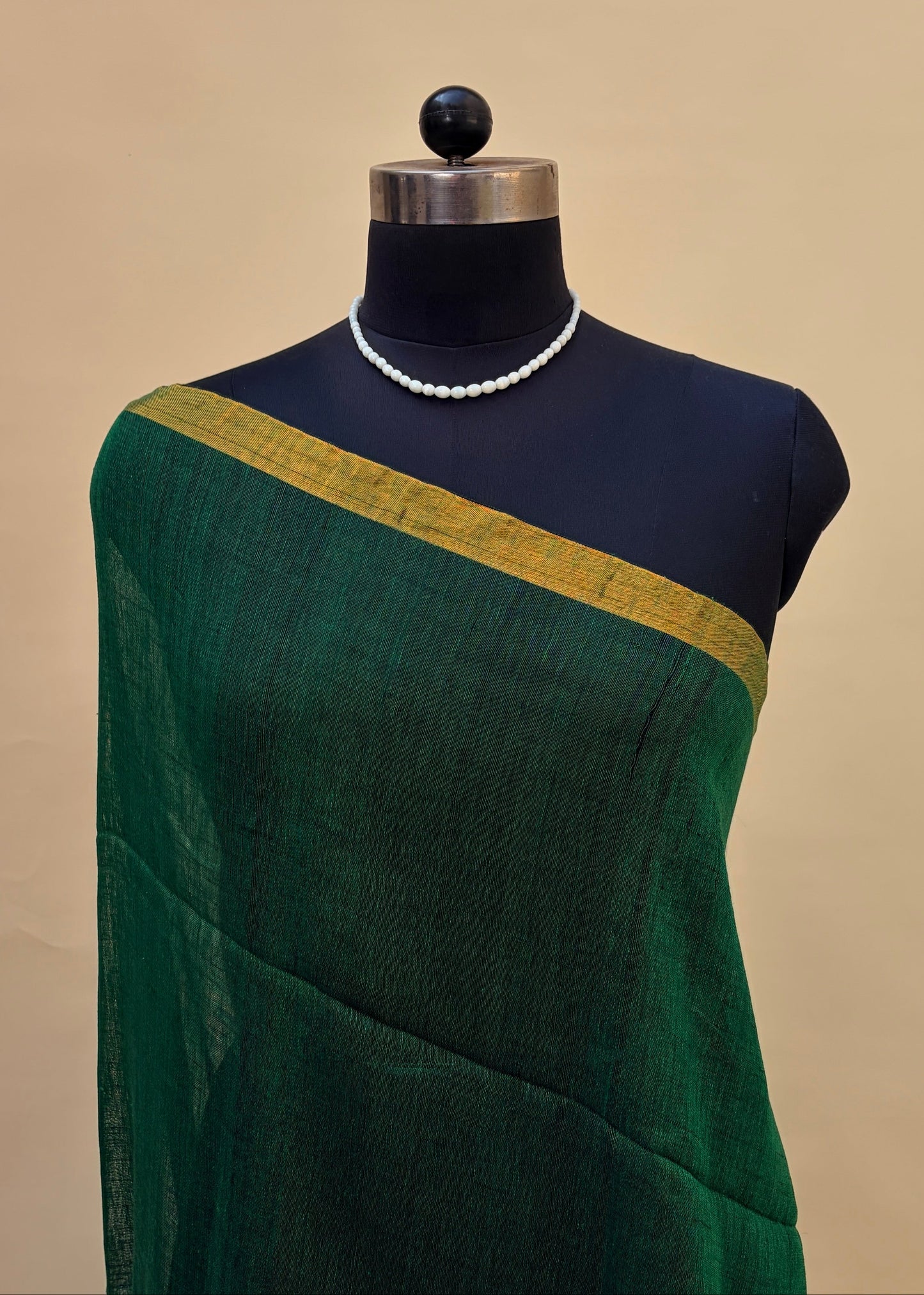 Bottle Green Linen Jamdani Saree by Kaashi Handloom