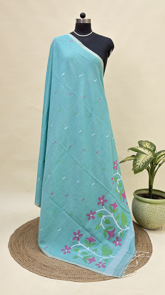 Floral Aqua Mul Cotton Jamdani Saree