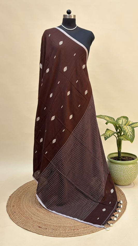 Deep Brown Mul Cotton Jamdani Saree by Kaashi Handloom