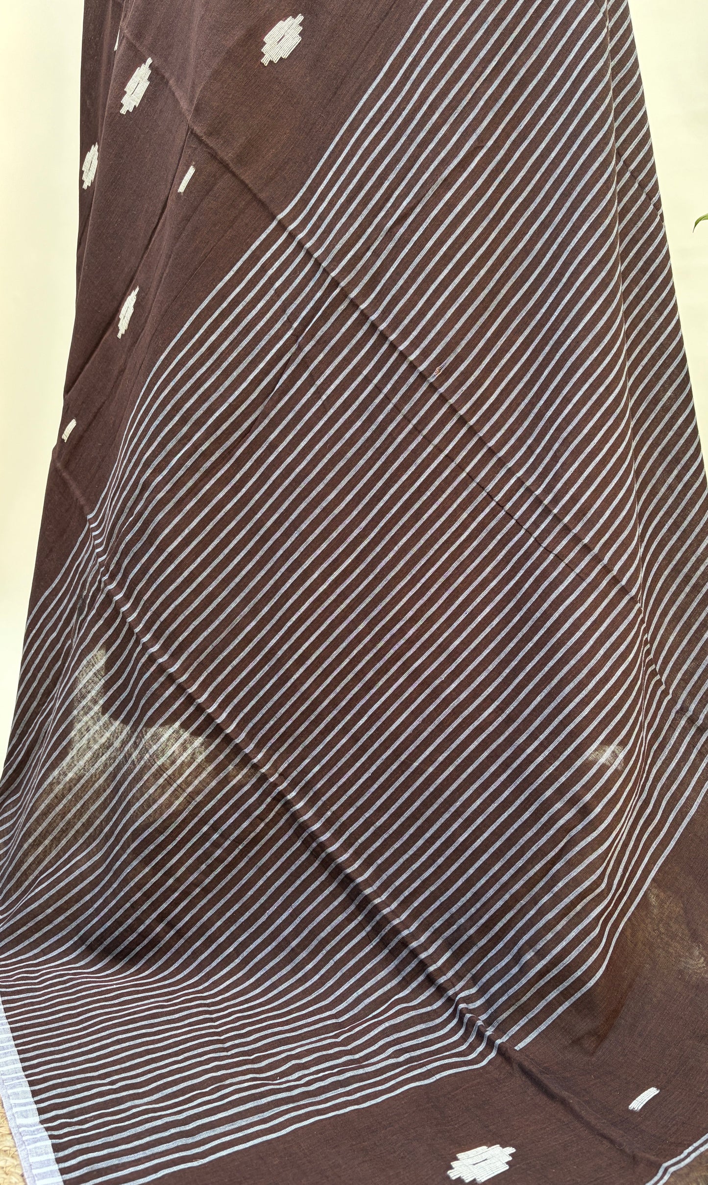 Deep Brown Mul Cotton Jamdani Saree by Kaashi Handloom