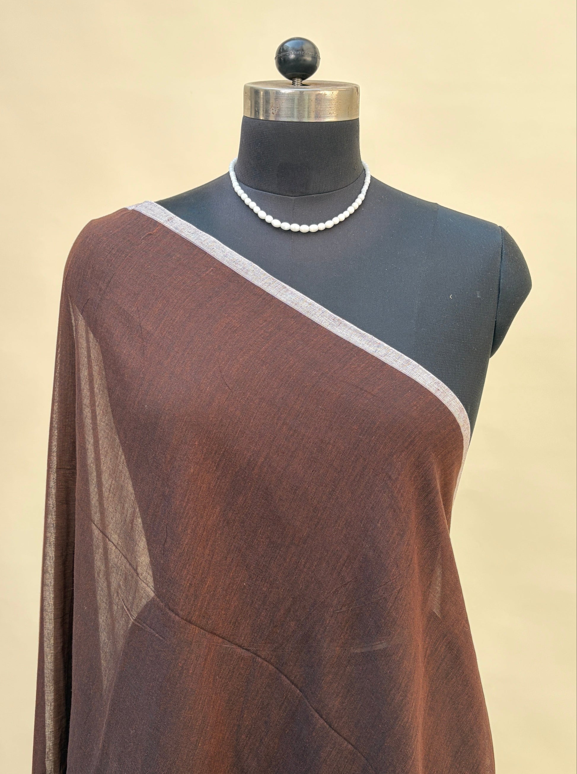 Deep Brown Mul Cotton Jamdani Saree by Kaashi Handloom