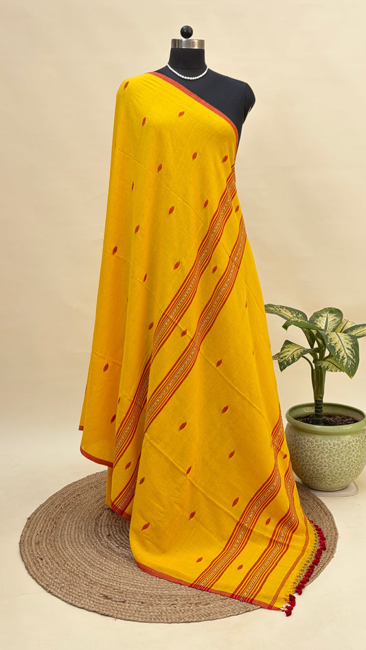 Yellow Mul Cotton Jamdani Saree by Kaashi Handloom