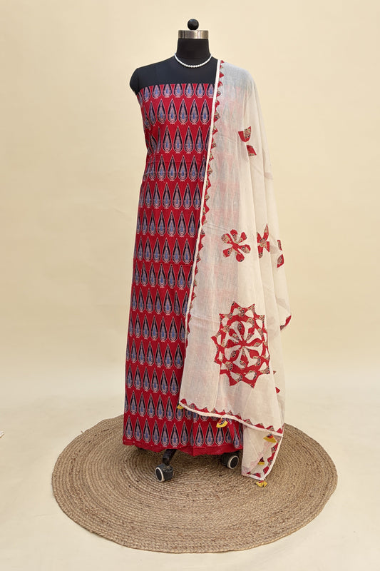 Red Cotton Ajrakh Suit with Barmer Applique Dupatta