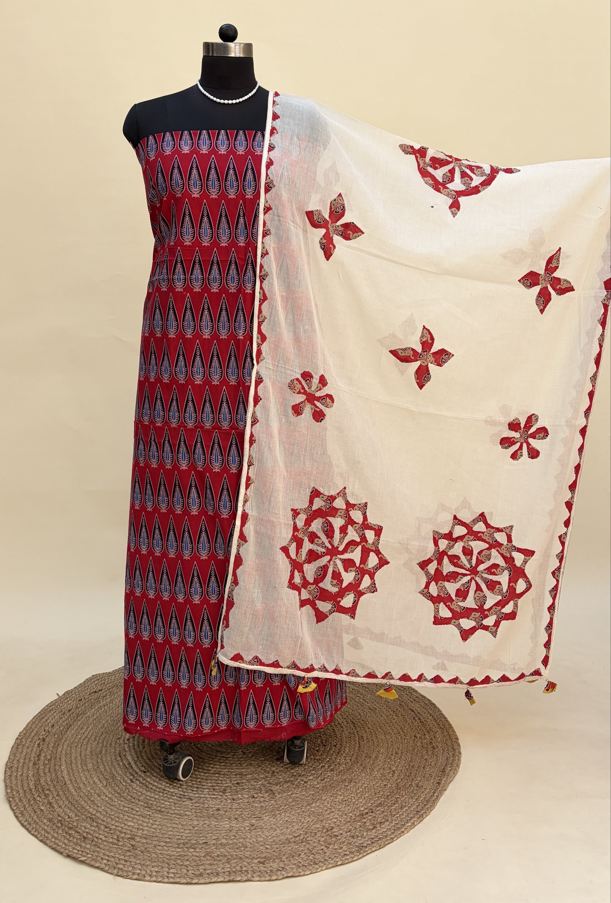 Red Cotton Ajrakh Suit with Barmer Applique Dupatta