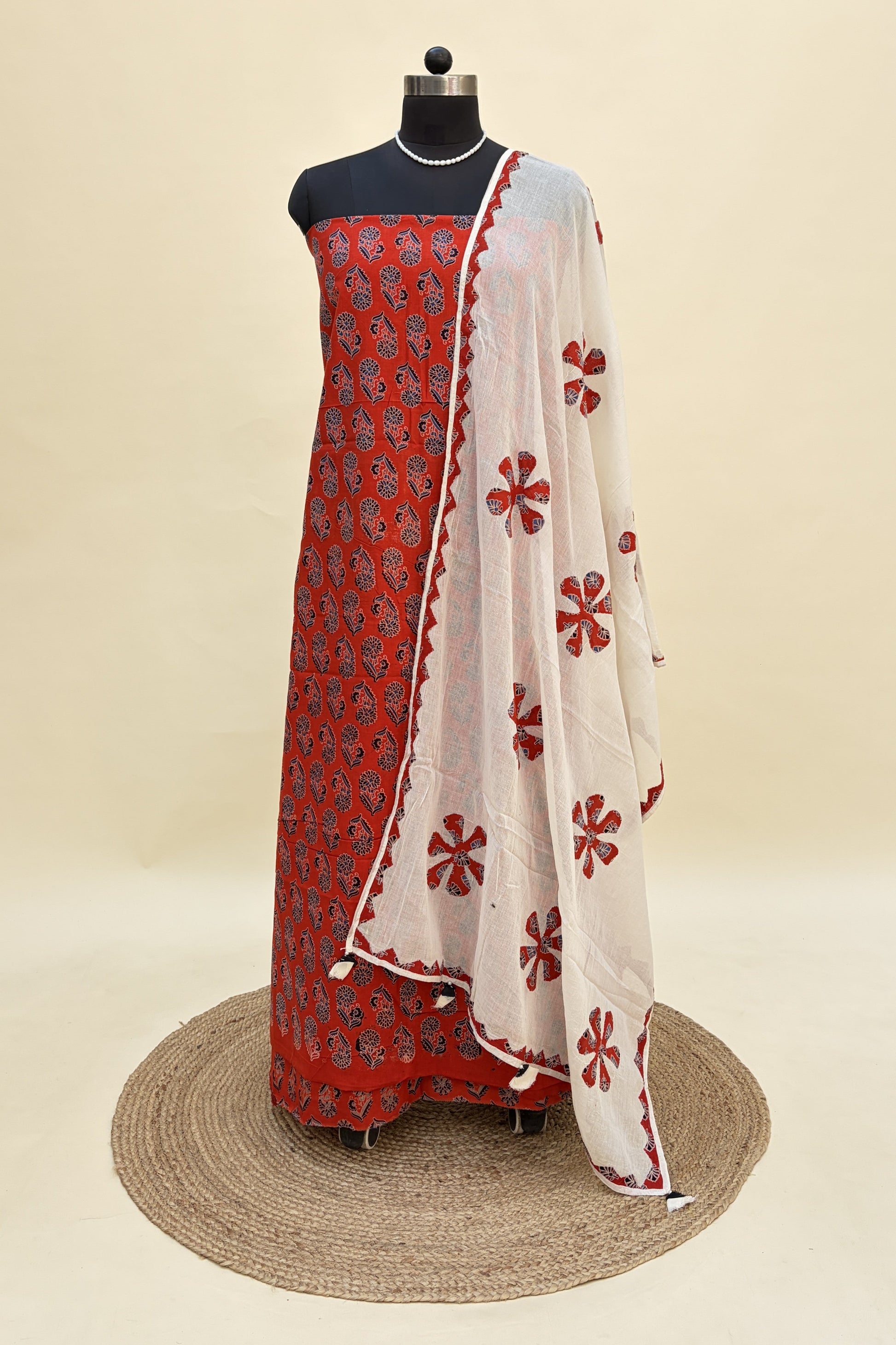Red ajrakh cotton suit ith barmer applique work dupatta