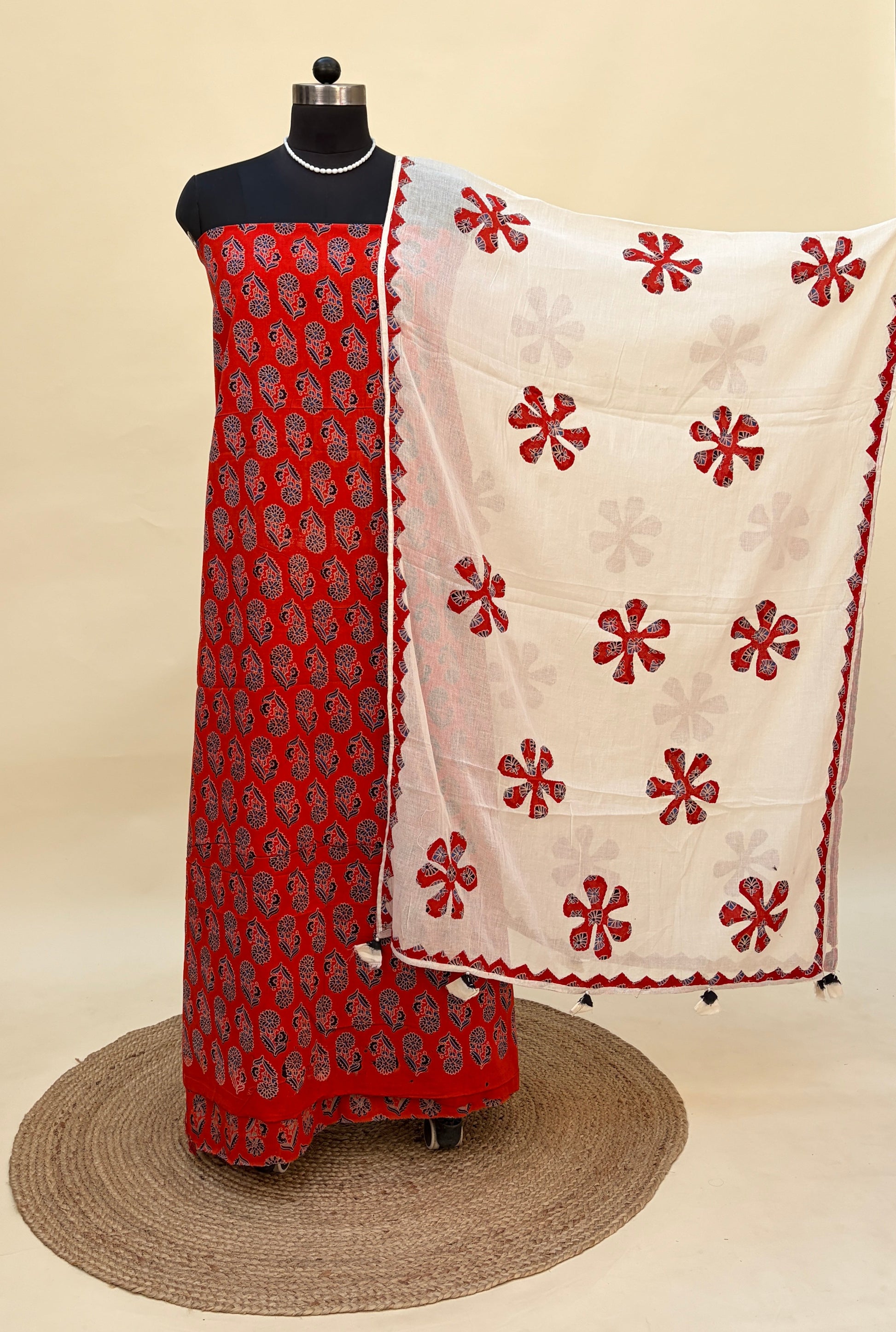 Red ajrakh cotton suit ith barmer applique work dupatta