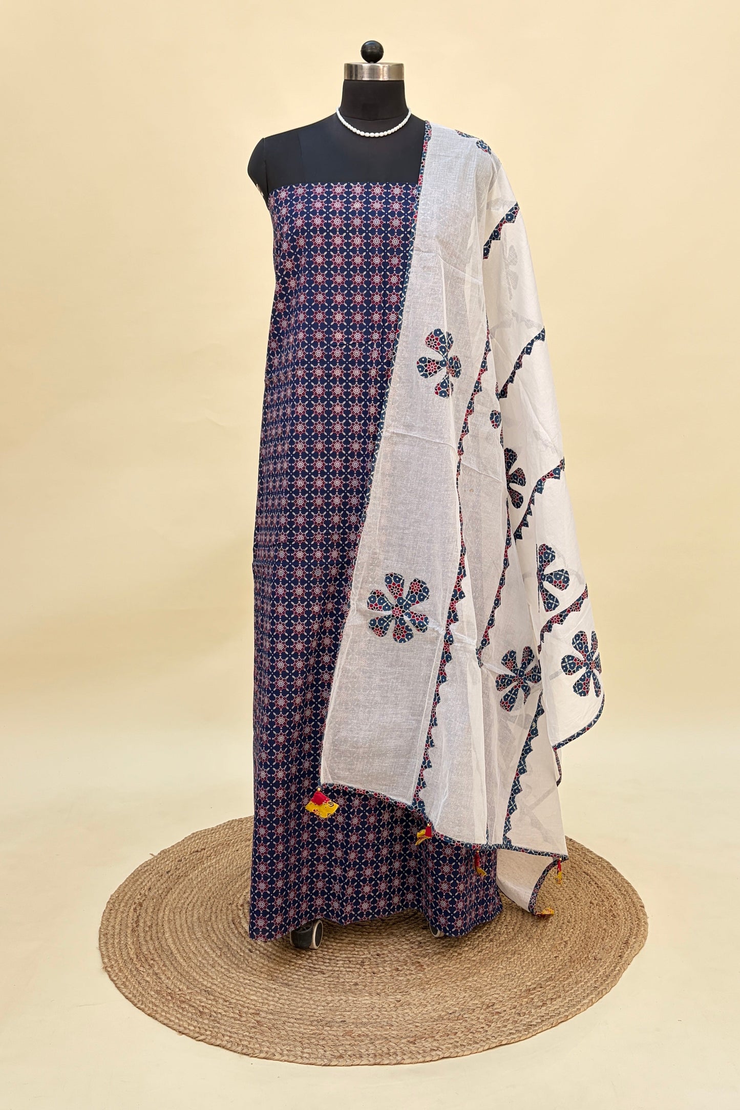 Blue Cotton Ajrakh Suit with barmer applique work dupatta