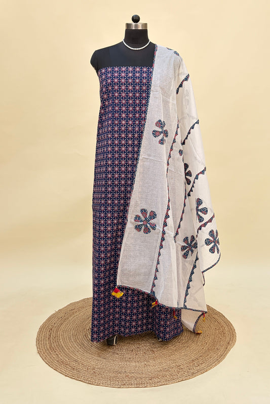 Blue Cotton Ajrakh Suit with barmer applique work dupatta