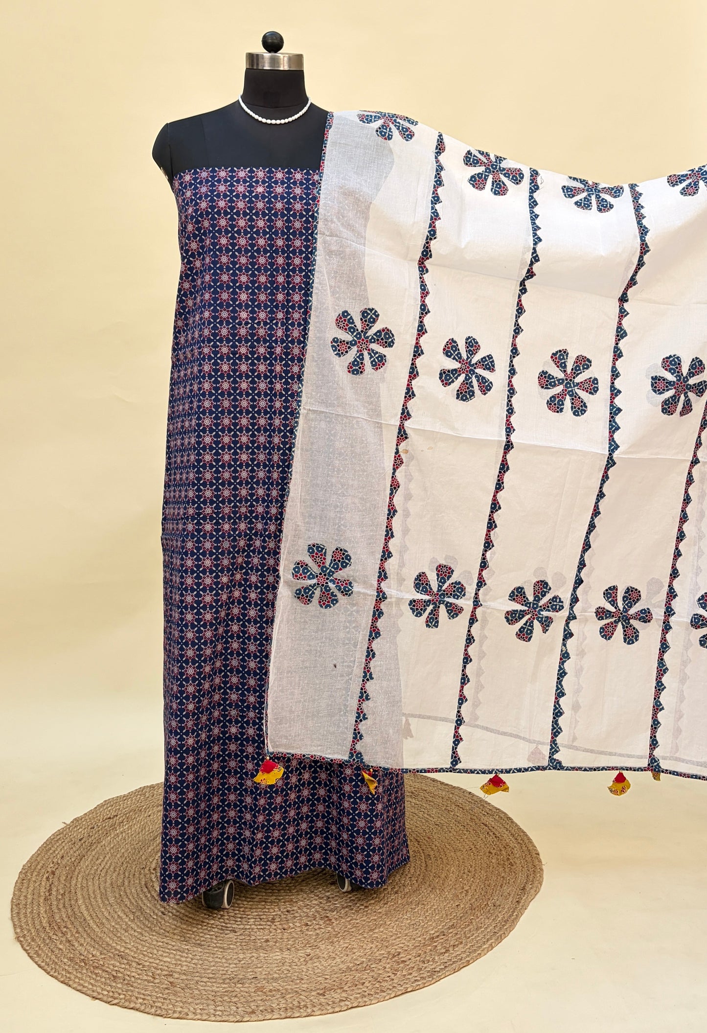 Blue Cotton Ajrakh Suit with barmer applique work dupatta