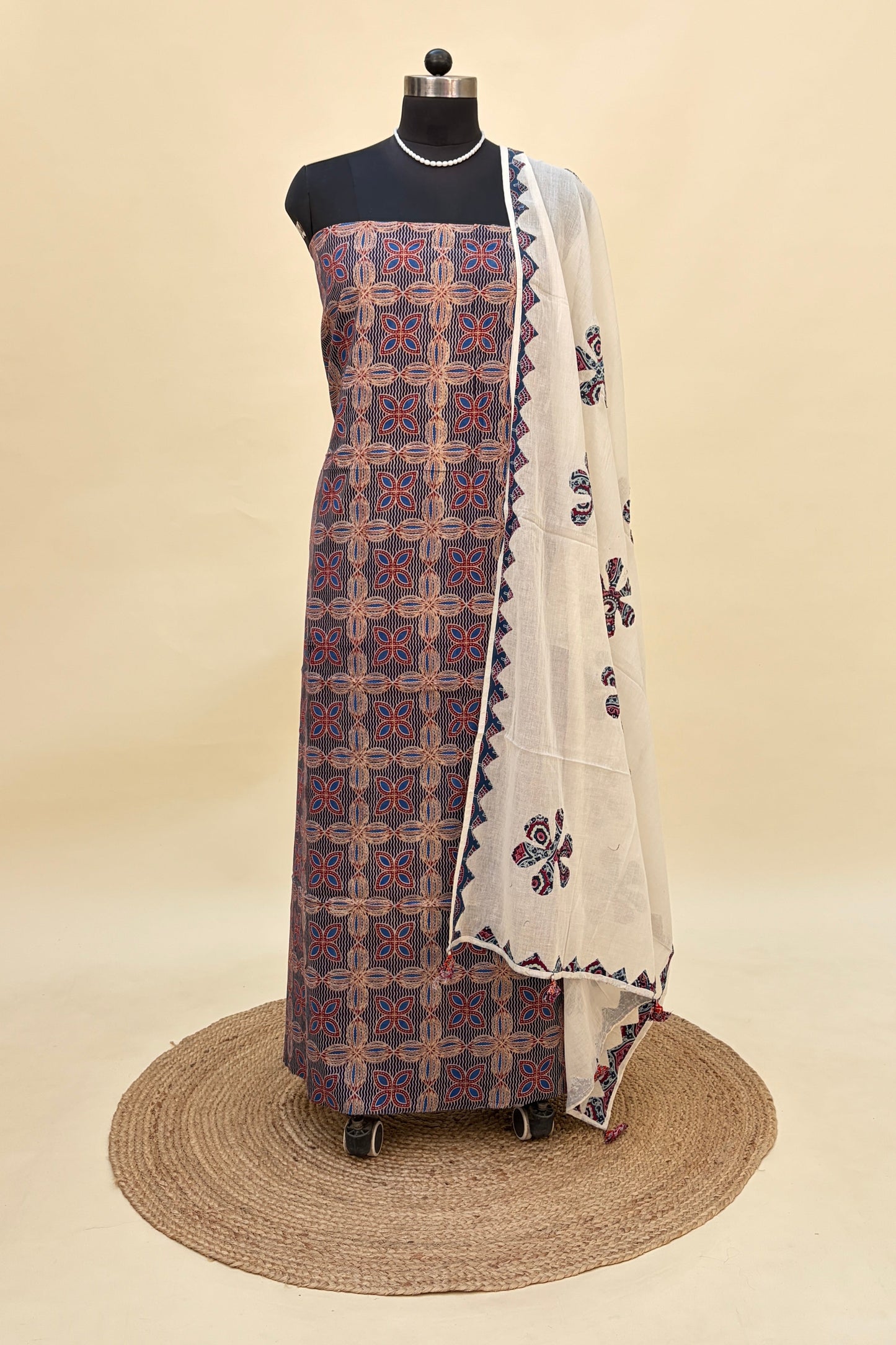 Indigo cotton ajrakh suit with barmer applique work