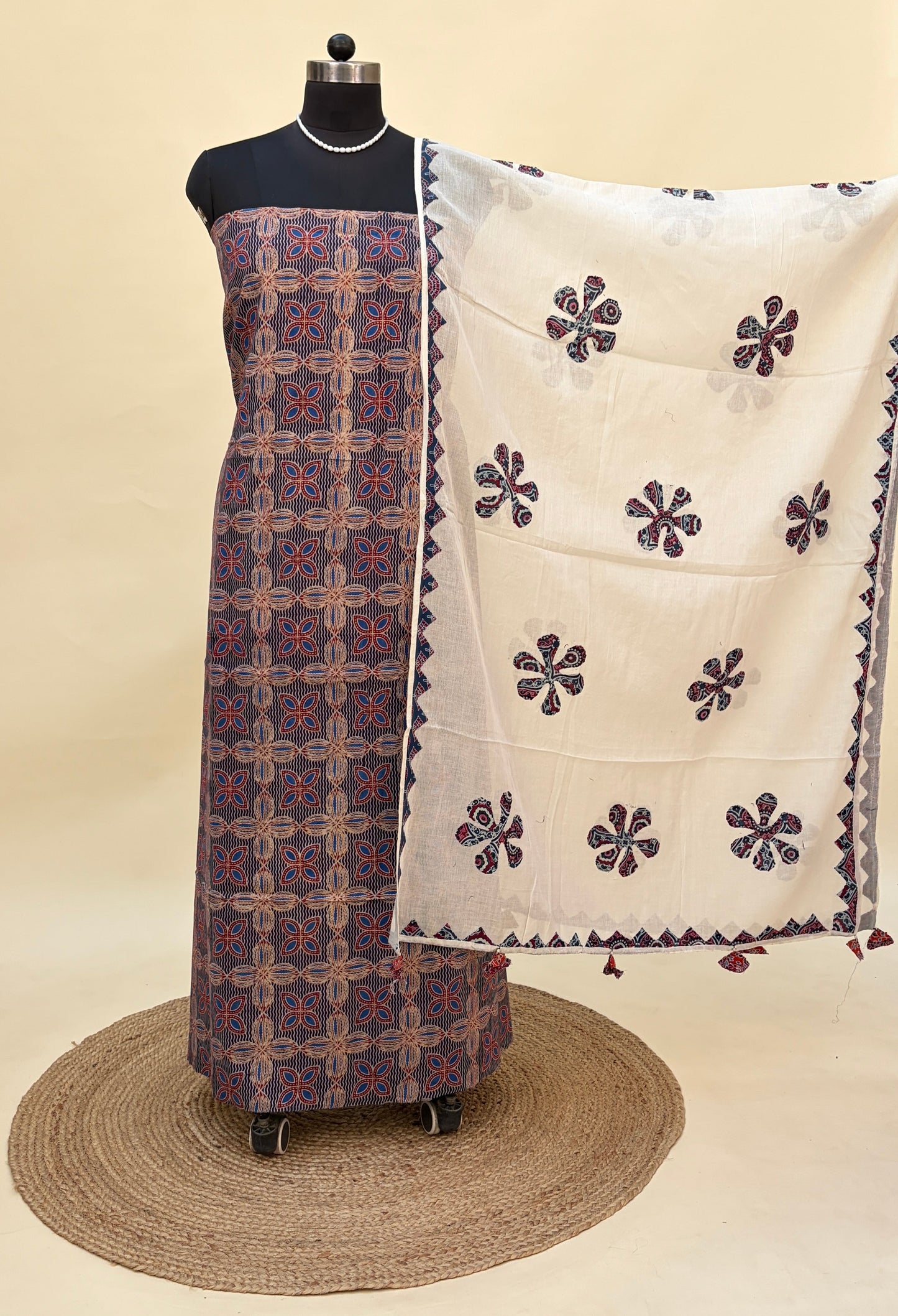 Indigo cotton ajrakh suit with barmer applique work