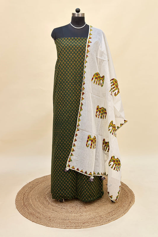 green cotton ajrakh suit with barmer applique work duaptta