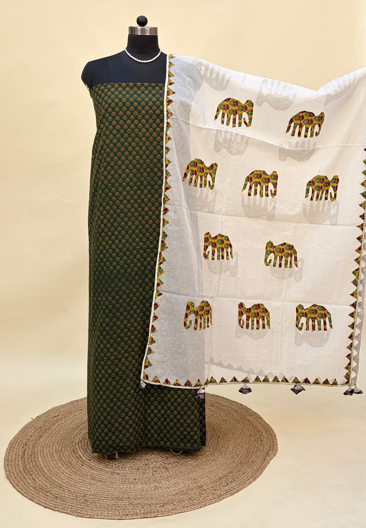 green cotton ajrakh suit with barmer applique work duaptta