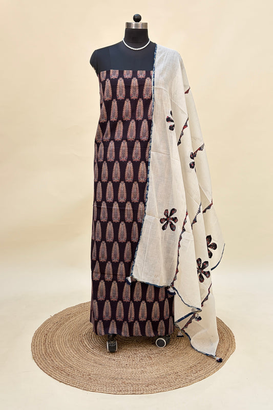 Brown Cotton Ajrakh Suit with barmer applique work dupatta