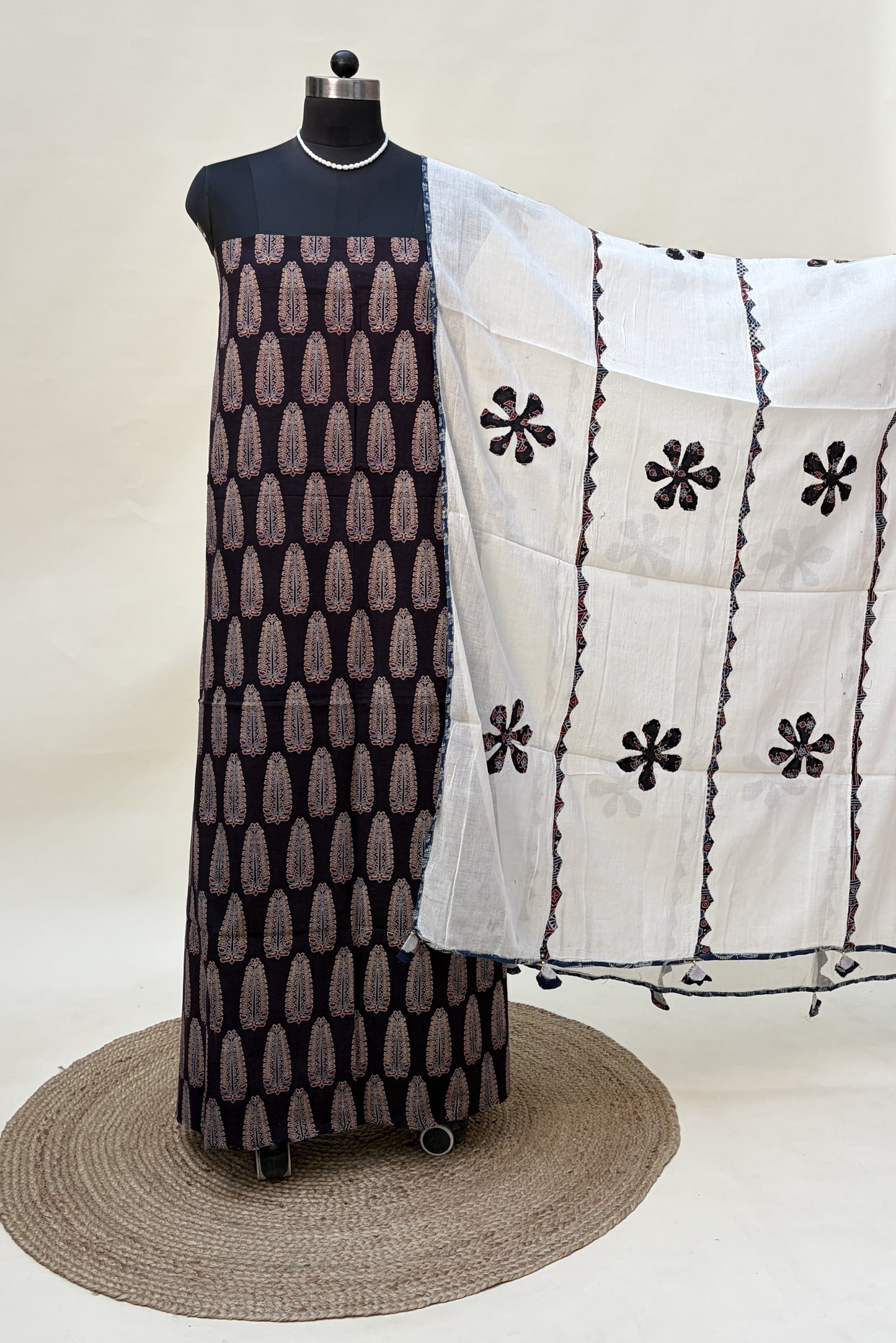 Brown Cotton Ajrakh Suit with barmer applique work dupatta