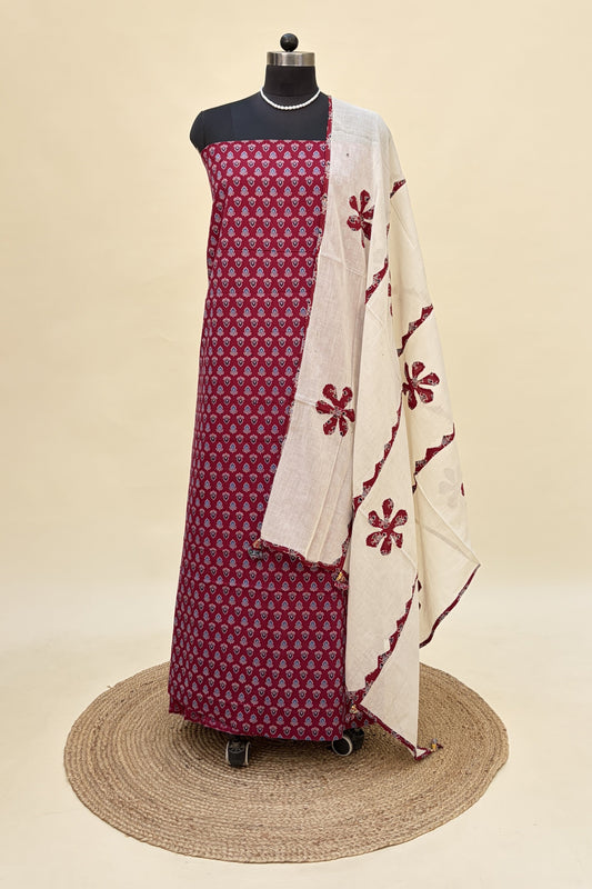Crimson Ajrakh Cotton SUit with barmer applique work dupatta